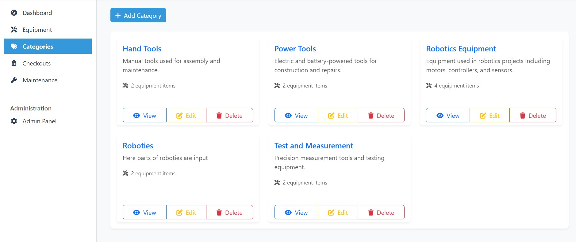Inventory management system category page - built by Rahul Ranjan with Django